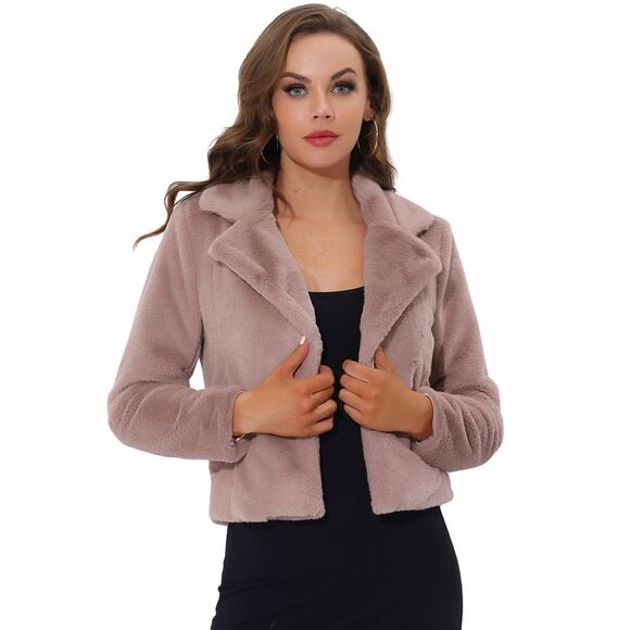 Cropped Jacket Notch Lapel Faux Fur Fluffy Coat Dusty Pink - Picture 1 of 6